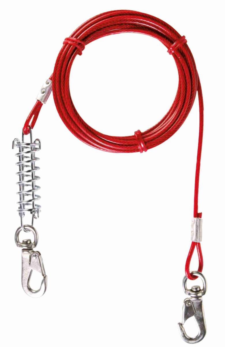 Rotes Kabel mit Metallhaken und federndem Element an beiden Enden, geeignet als Sicherungsleine.