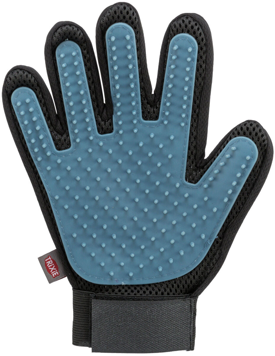 Schwarzer und blauer Handschuh mit Noppen, geeignet zur Pflege oder Reinigung mit einem Klettverschluss.