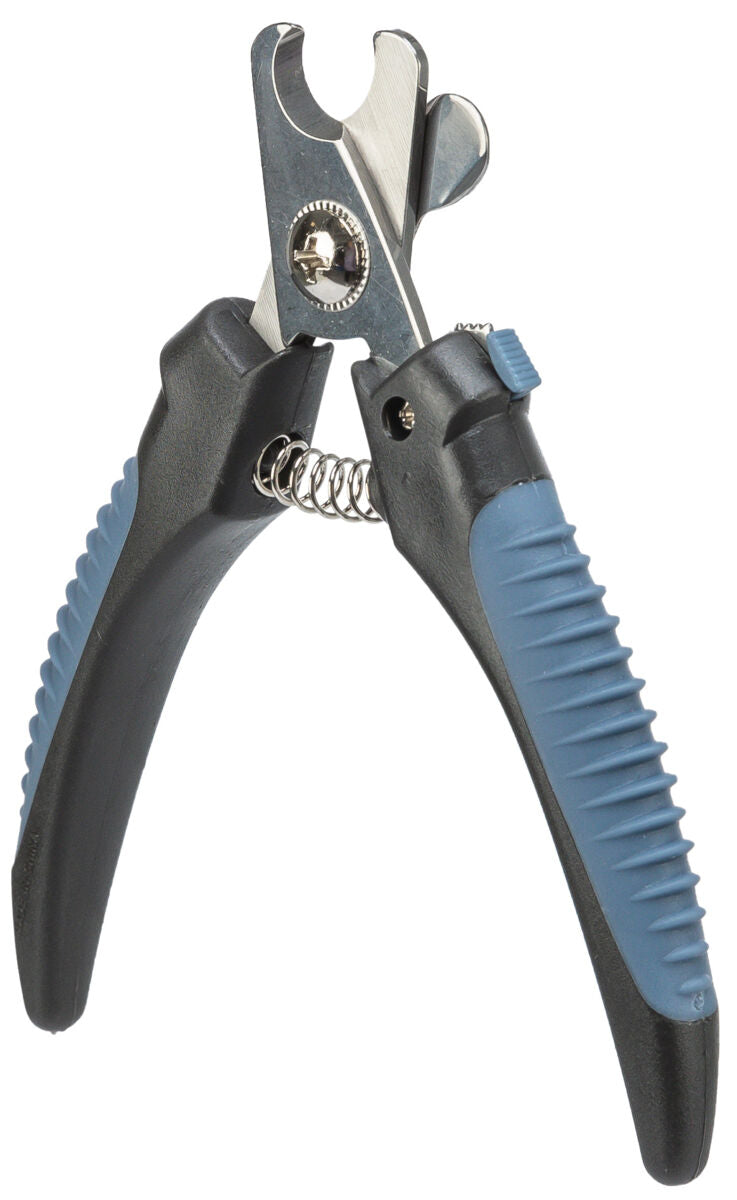 Nagelknipser mit Federspannung und ergonomischen Griffen in Blau und Schwarz, geeignet für Haustiere.