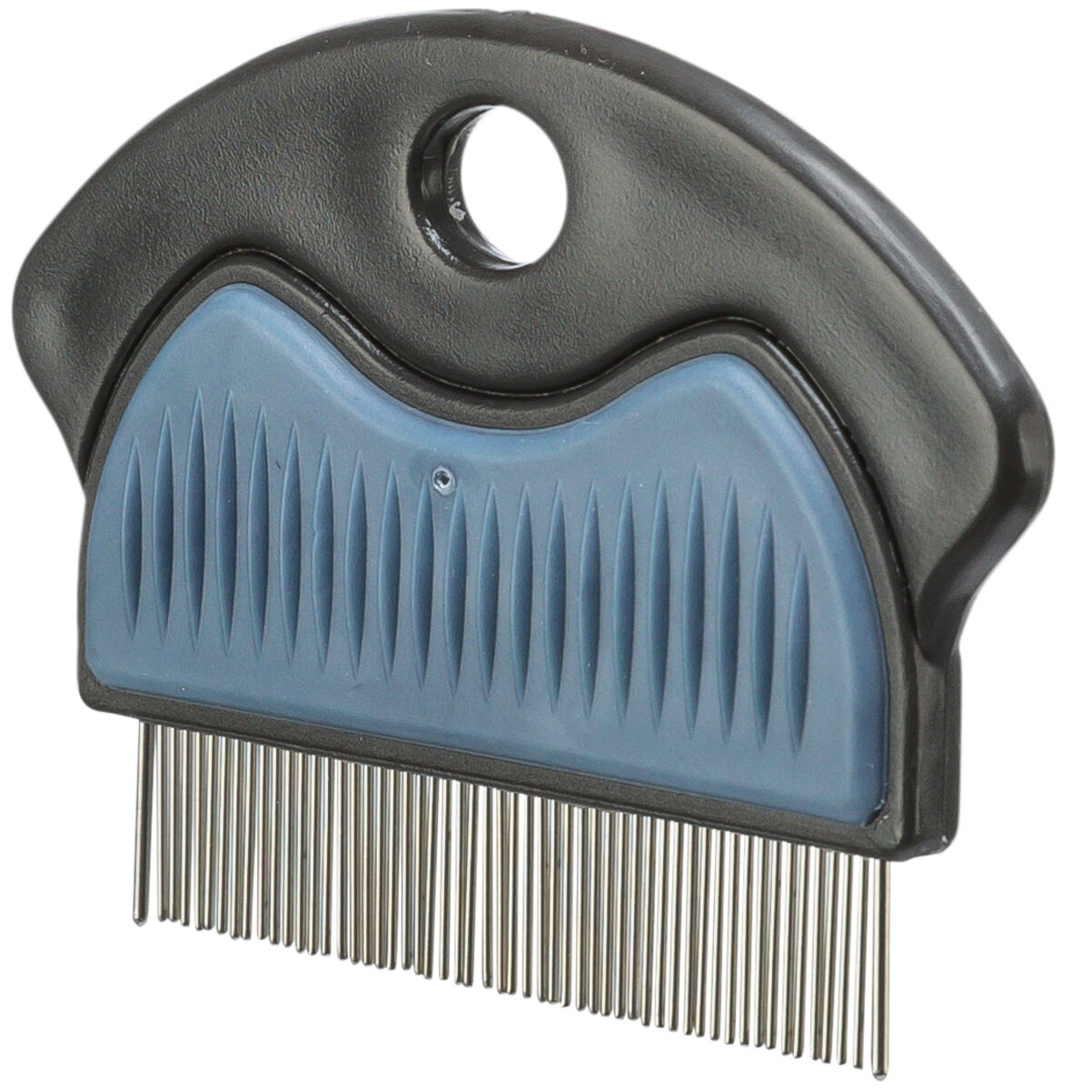 Kamm mit schwarzem Griff und blauer, geriffelter Oberfläche sowie feinen Metallzinken.