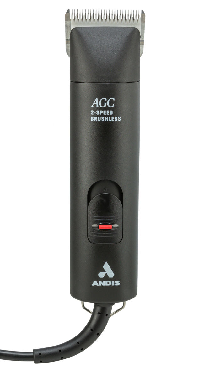 Elektronischer Haarschneider in Schwarz mit silberner Schneide und rotem Schieberegler, Text "AGC 2-Speed Brushless".