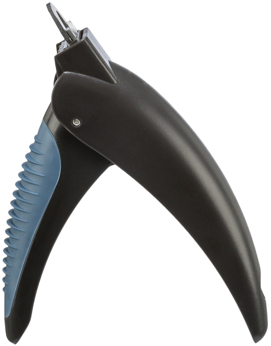 Schwarzer und blauer Flaschenöffner mit ergonomischem Griff und Metallverschlussmechanismus.