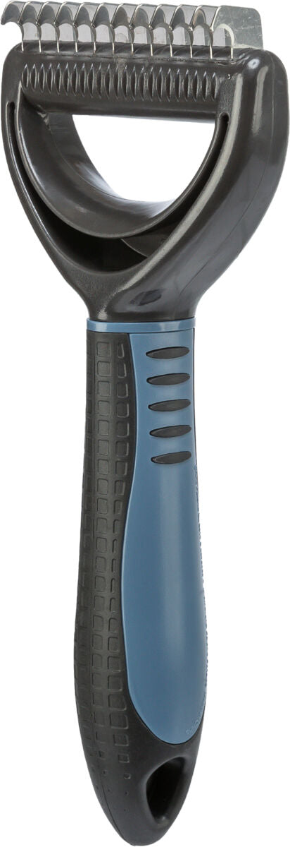 Handbürste mit blau-schwarzem ergonomischem Griff und gezackter Metallkante, geeignet für die Fellpflege.