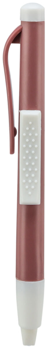 Kugelschreiber in Rosa mit weißem Clip, gummierter Griffzone und Druckmechanismus an der Spitze.