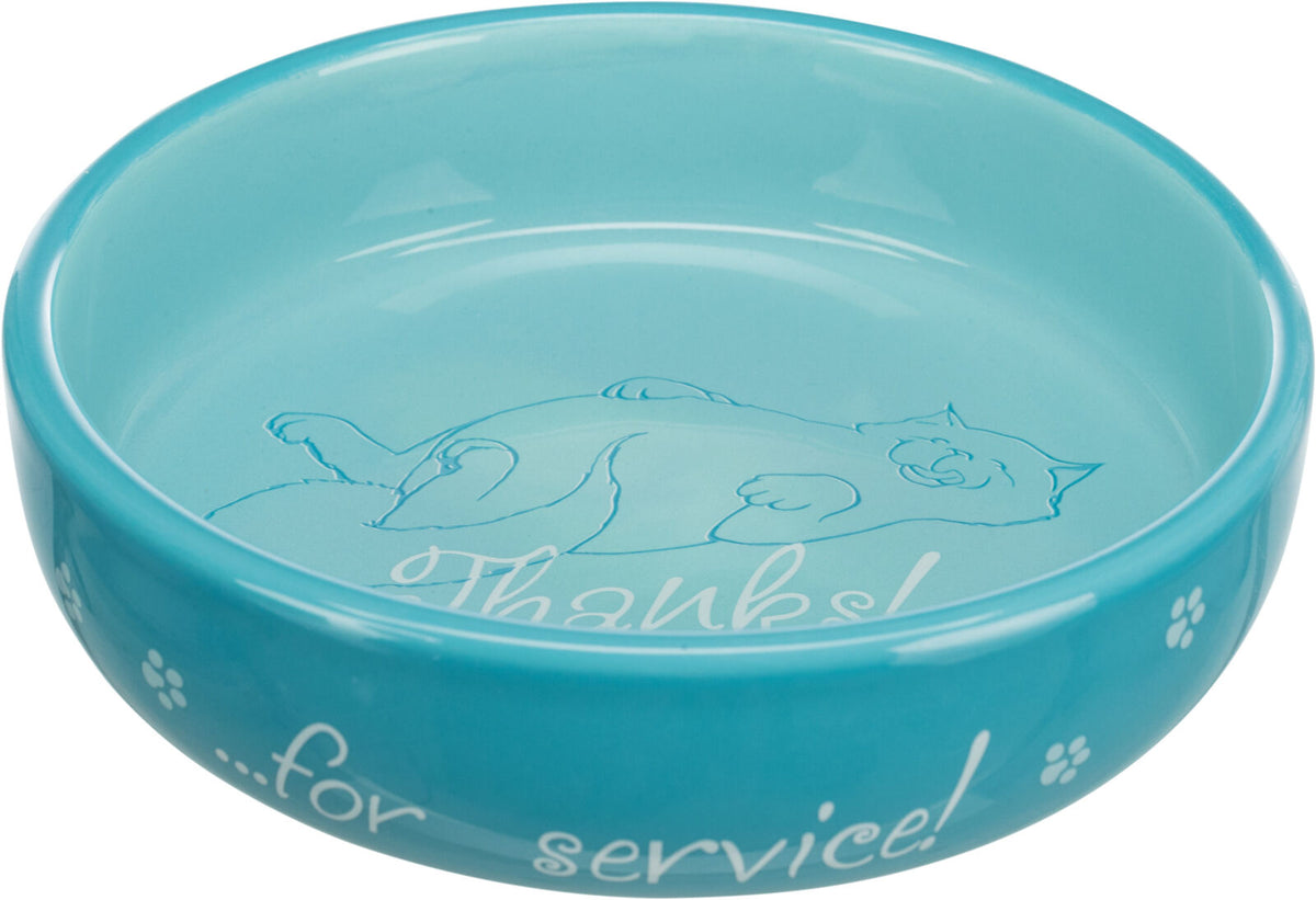 Türkise Futterschale mit weißem Schriftzug "Thanks! ...for service!" und Katzenillustration innen.