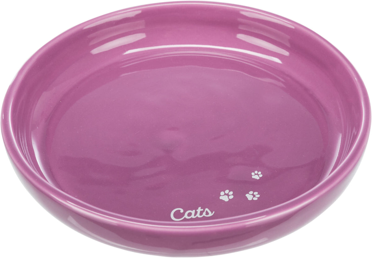Lila Napf mit dem Aufdruck "Cats" und kleinen Tatzenmotiven am Rand.