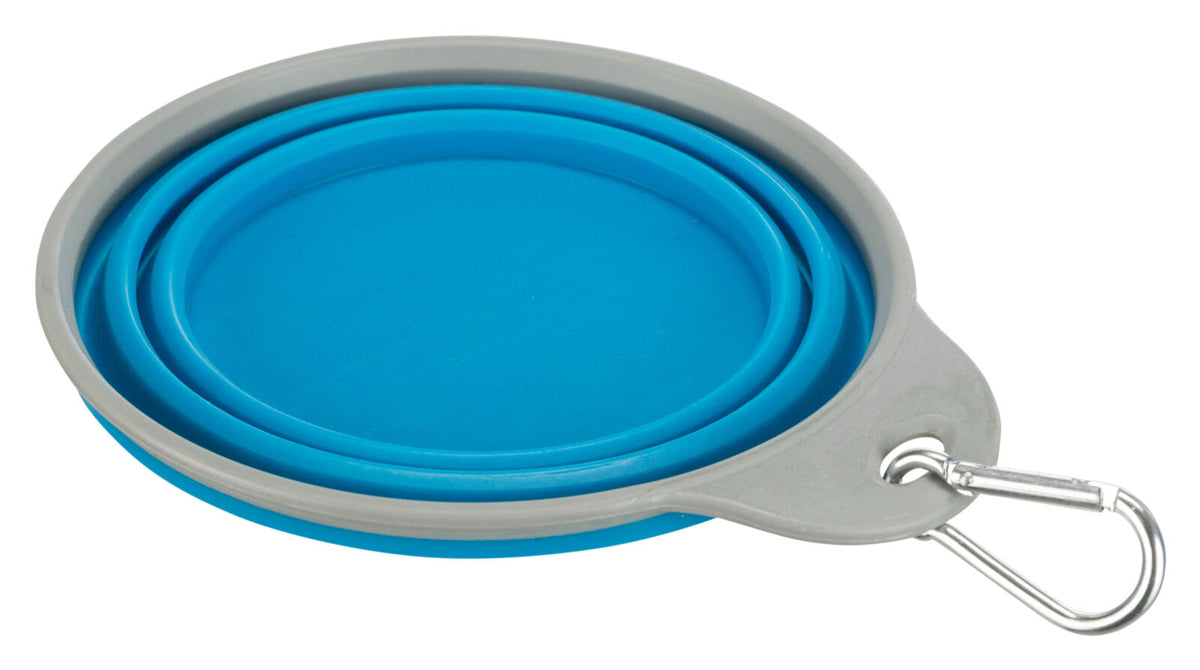 Kollapsible blaue Silikonschüssel mit grauem Rand und Metallkarabiner.
