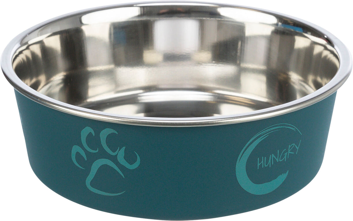 Metallnapf mit blauem Rand und Pfotenabdruck sowie dem Wort "Hungry" darauf.