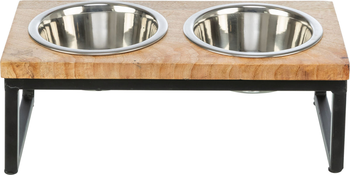 Erhöhter Hundenapf aus Holz mit zwei Edelstahl-Schüsseln, auf einem schwarzen Metallgestell.