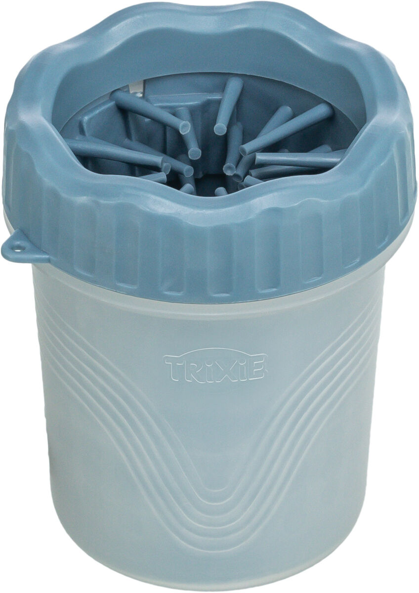 Grauer Becher mit blauen Borsten im Inneren und eingeprägtem Logo auf der Außenseite.
