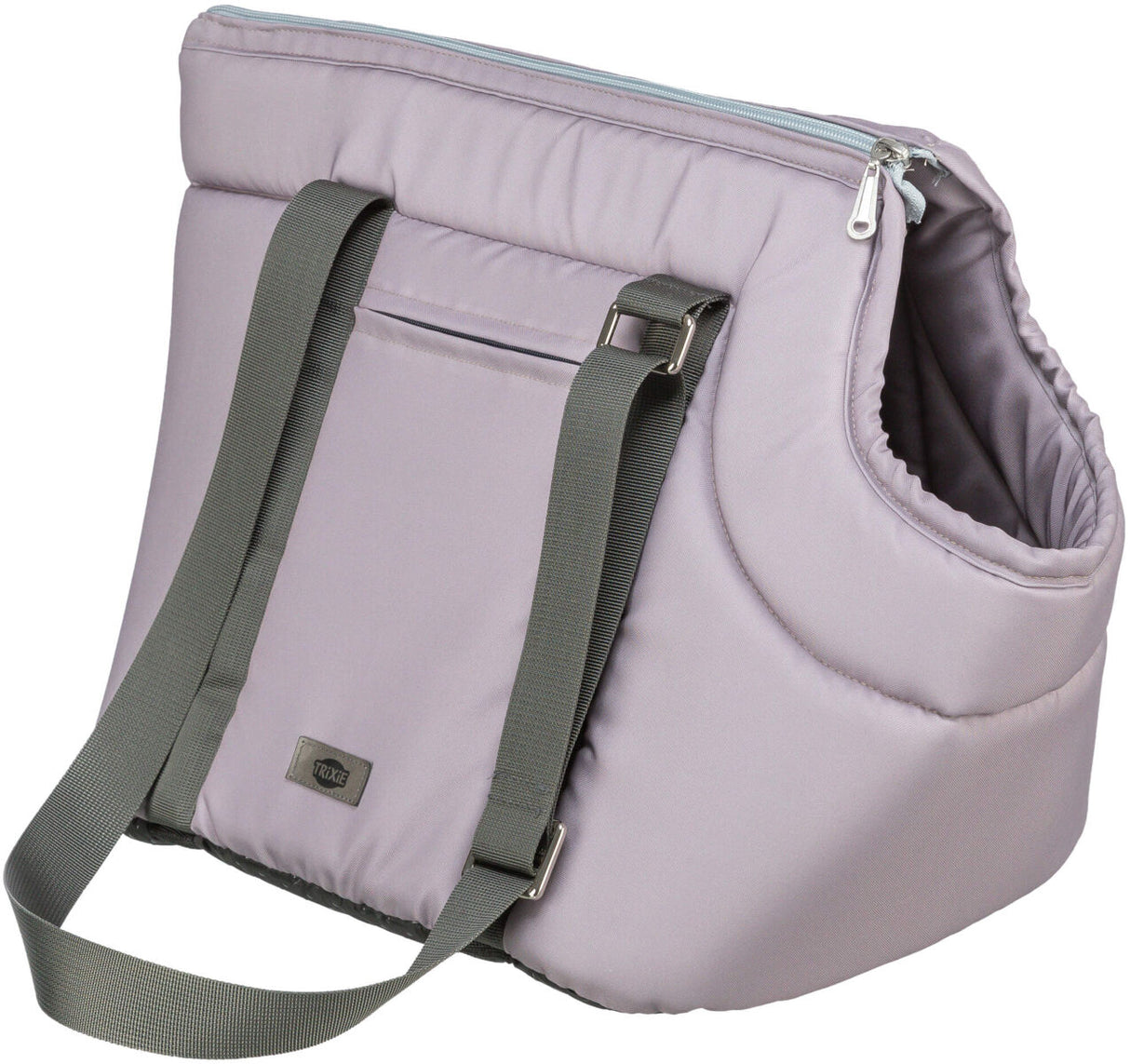Graue Tasche mit Reißverschluss und zwei dunkelgrauen Trageriemen, gepolstert und mit seitlichem Eingriff.
