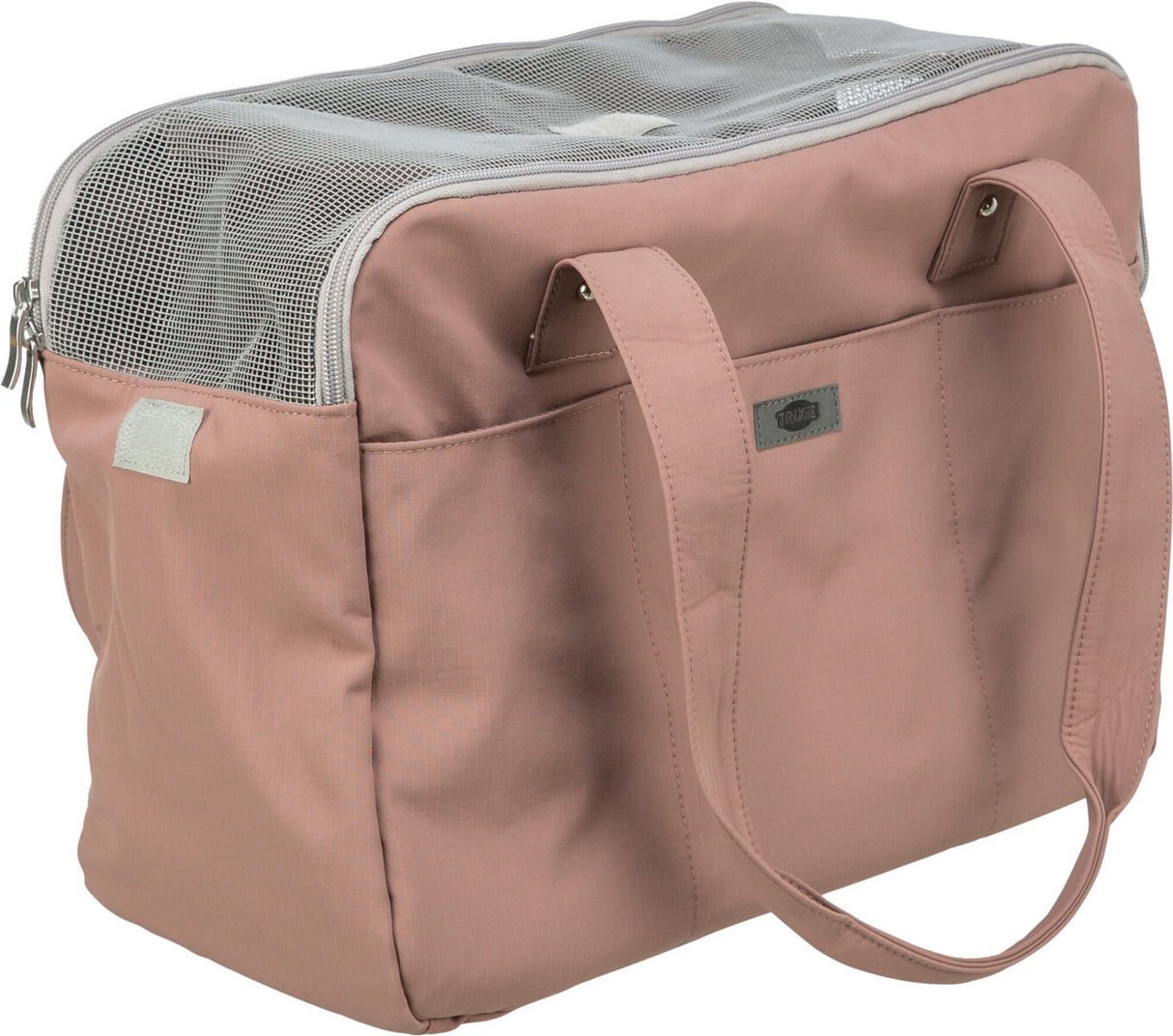 Rosa Tasche mit Tragegriffen und Netzabdeckung, sichtbarer Markenlogo-Aufnäher, Reißverschluss oben.