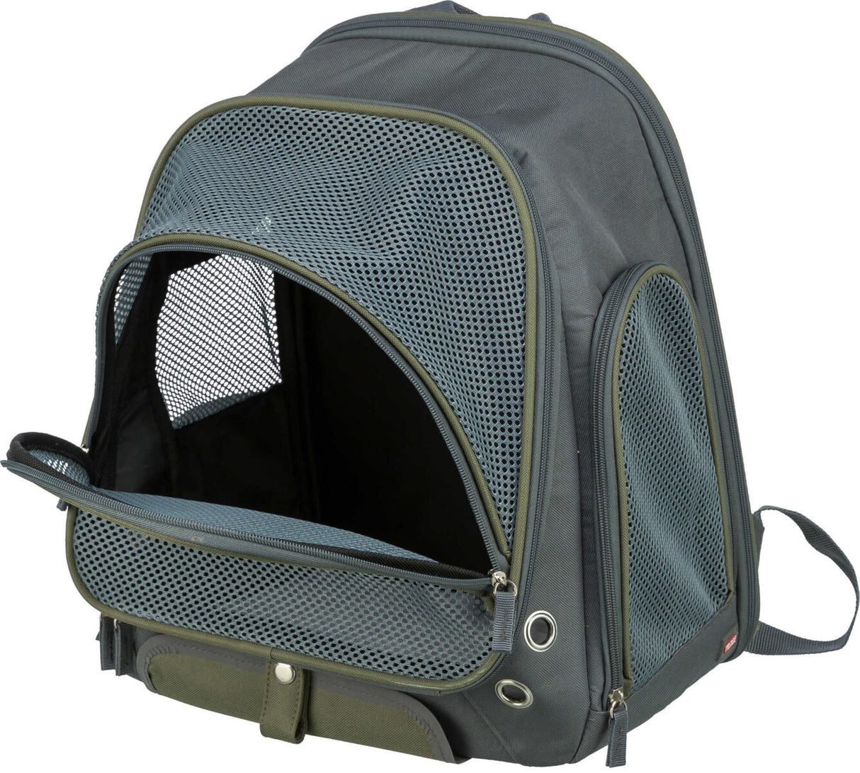 Grauer Rucksack mit mehreren Mesh-Fenstern und Reißverschlüssen, geeignet als Transportlösung.