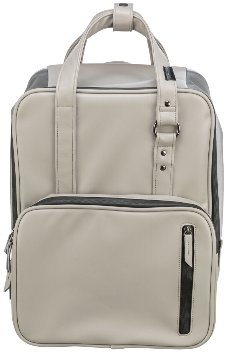 Beige Tasche mit länglichen Henkeln, silbernen Details und Reißverschlusstaschen auf der Vorderseite.