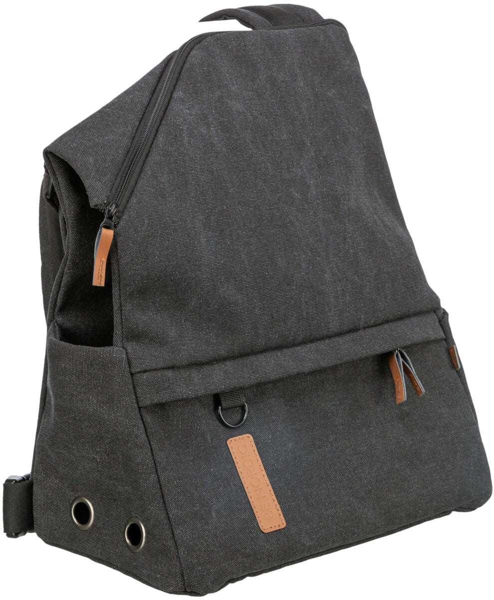 Dunkelgrauer Rucksack mit Reißverschluss und braunen Akzenten, zwei seitlichen Metallösen und Trageschlaufe.