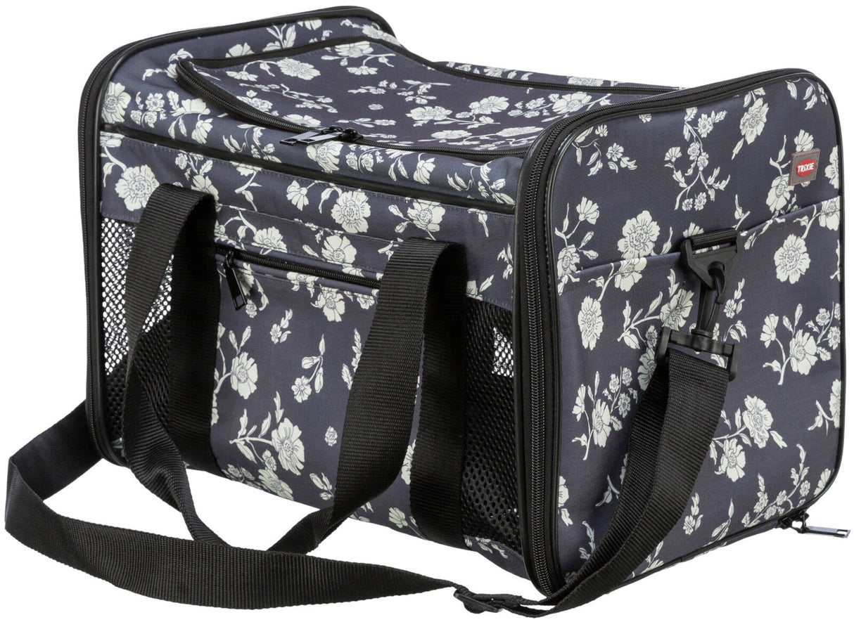 Schwarze Tragetasche mit weißen Blumenmustern, robusten Riemen und Netzfenstern an den Seiten.