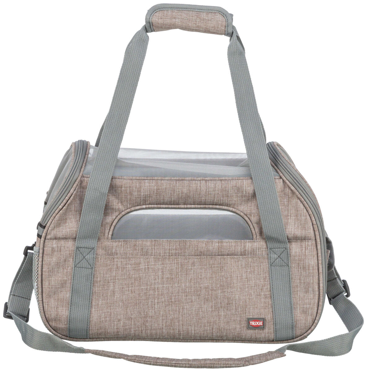 Grau-beige Tragetasche mit grauem Griff und Riemen, seitliches Netzfenster, sichtbares Label "TRIXIE".