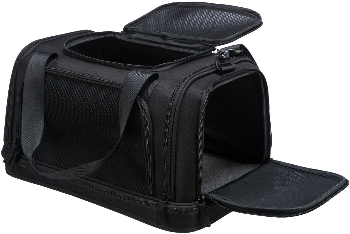 Schwarze Transporttasche mit Netzfenstern, Reißverschlüssen und zwei offenen Klappen, geeignet für Haustiere.