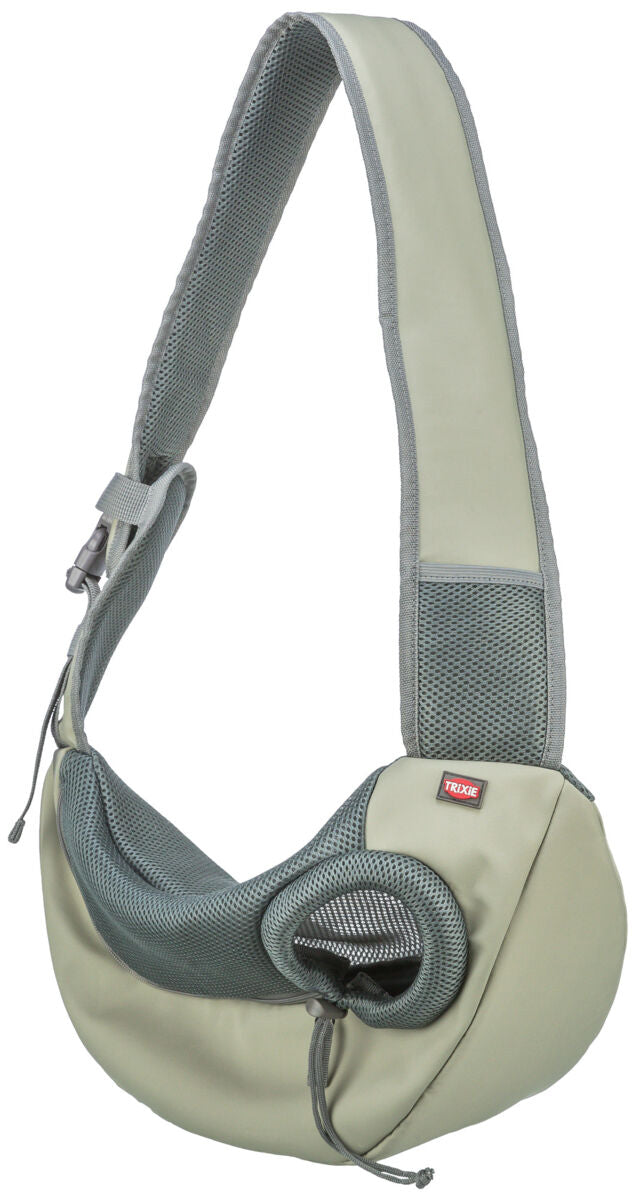 Hellgraue Schultertasche mit Netzdesign und verstellbarem Trageriemen; kleines Logo auf der Vorderseite.