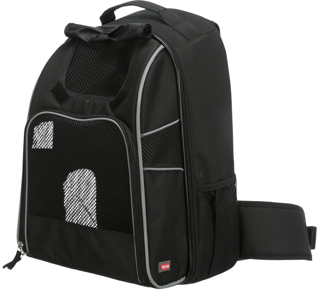 Schwarzer Rucksack mit Netzfenstern und grauen Nähten, gepolsterten Trägern und einem Griff oben.