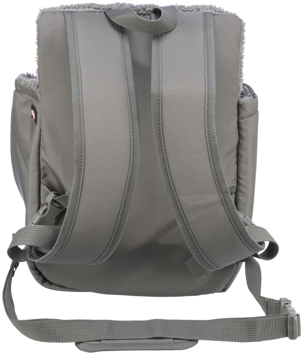 Grauer Rucksack mit gepolsterten Schultergurten und einem Tragegriff oben; seitlich sichtbar angebrachte Schnallen.