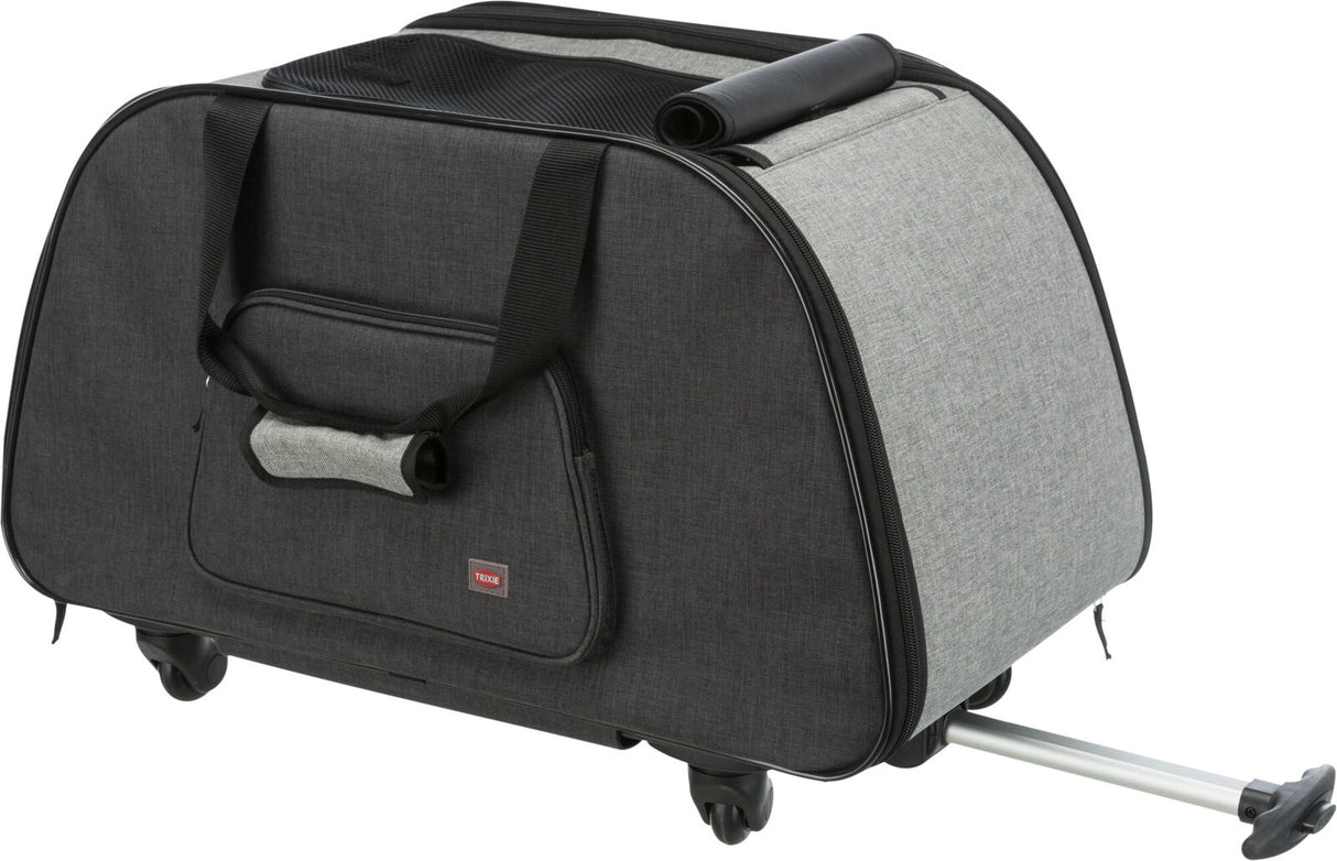 Kompakte schwarze und graue Tasche mit Rollen und ausziehbarem Griff.