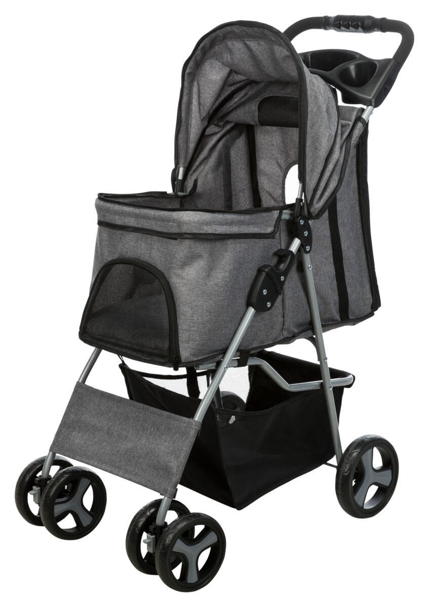 Grauer Kinderwagen mit vier Rädern, schwarzem Netzfenster, Griff und zusätzlichem Stauraum unten.