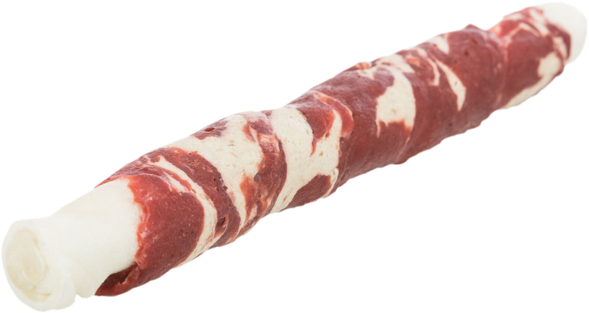 Langes, spiralförmiges Objekt in den Farben Weiß und Rot, ähnlich einem zusammengerollten Snack.