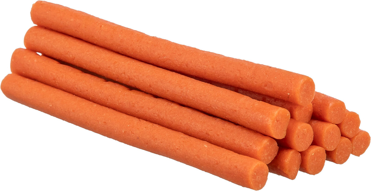 Mehrere orangefarbene, zylindrische Stäbe liegen übereinander gestapelt.