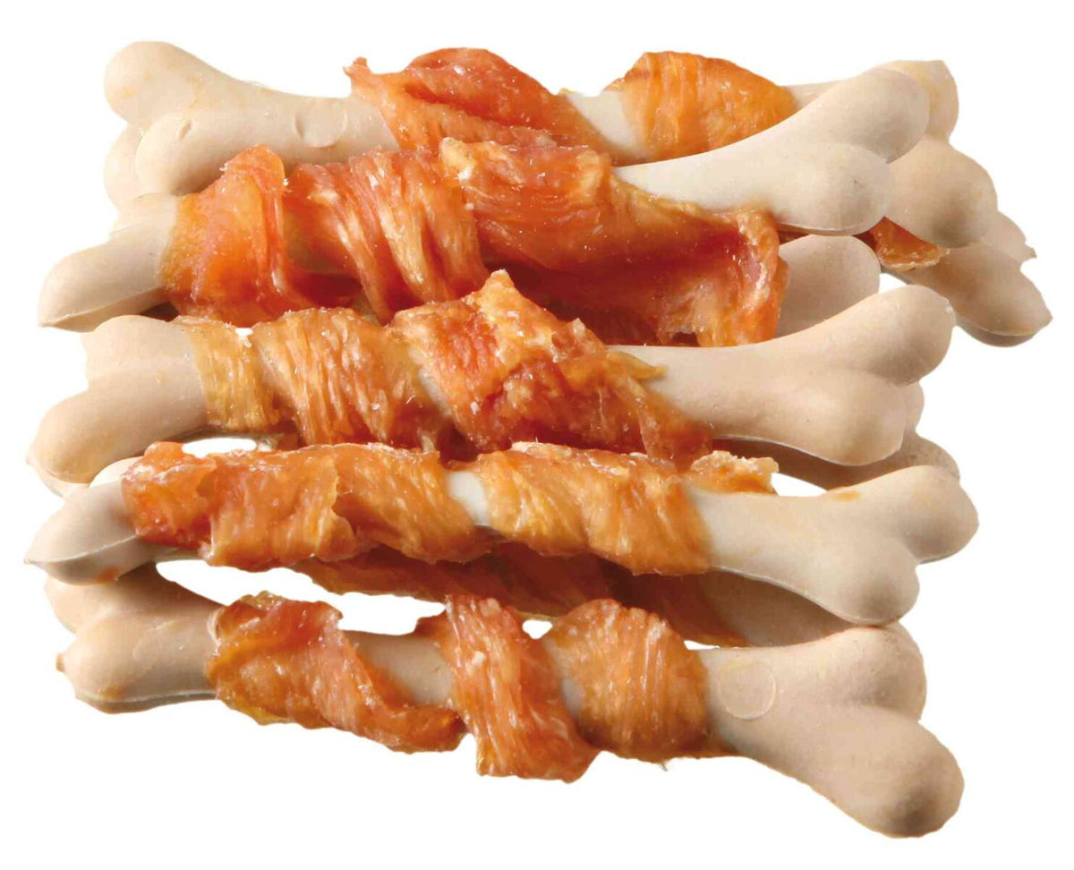 Weiße Knochen mit orange eingefärbten, fleischartigen Streifen auf einem weißen Hintergrund.