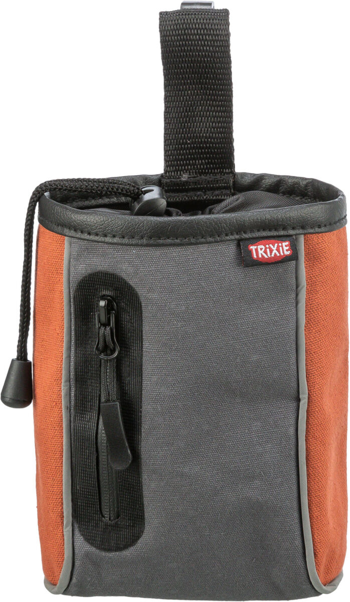 Graue und orangefarbene Tasche mit Reißverschluss und schwarzem Trageband, Aufdruck "TRIXIE".