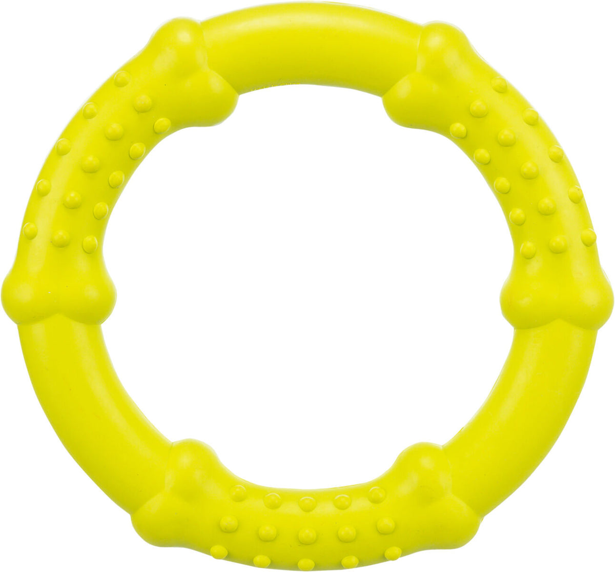 Gelber Kunststoffring mit hervorstehenden Noppen und knochenförmigen Ausbuchtungen, kreisförmiges Design.