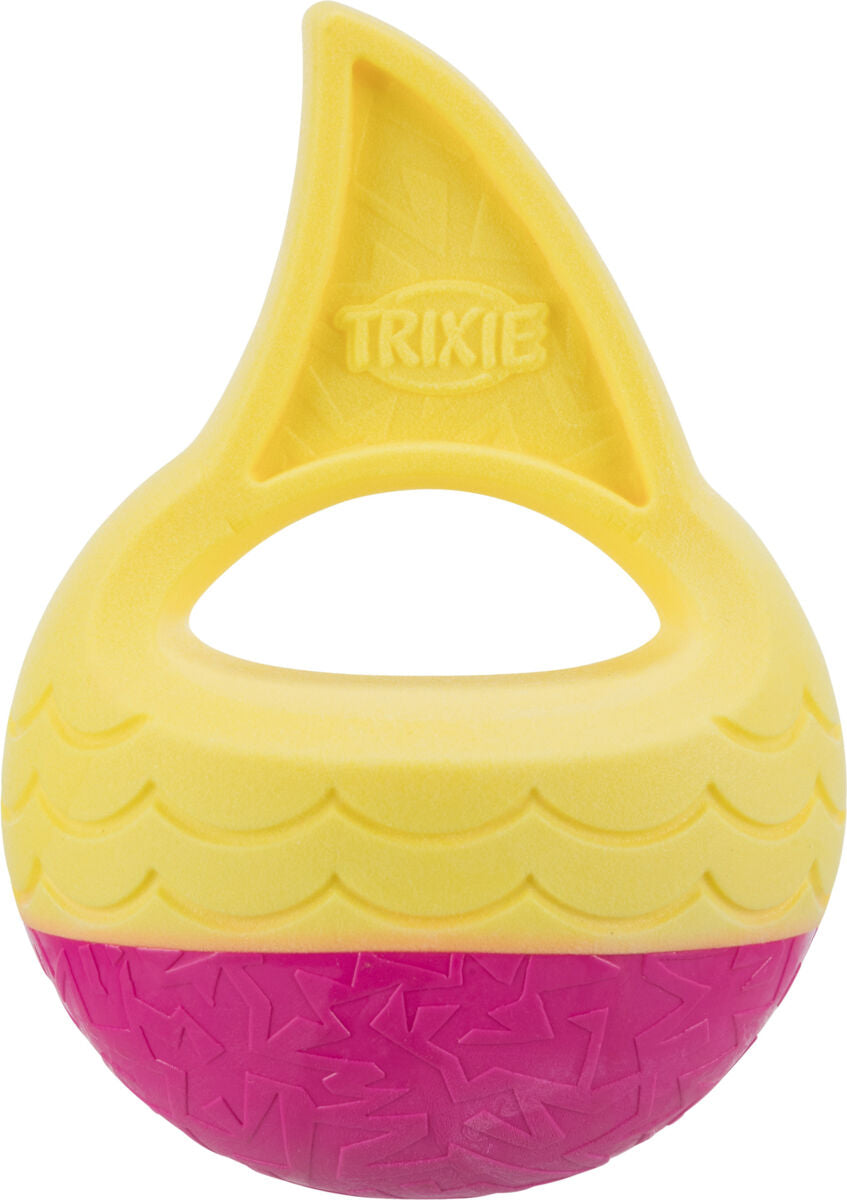 Gelbes und pinkes Hundespielzeug mit Griff und der Marke "Trixie" im gelben Bereich.