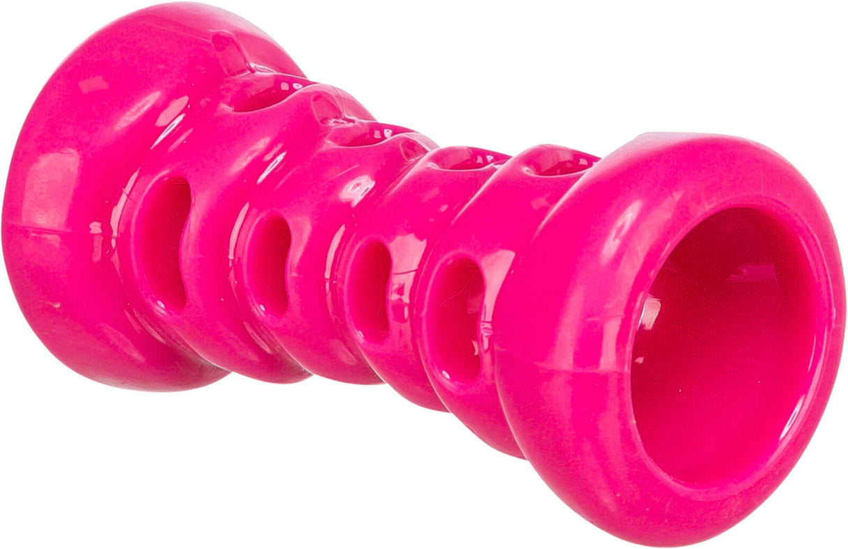 Pinkes, röhrenförmiges Spielzeug mit mehreren runden Öffnungen entlang der Oberfläche.