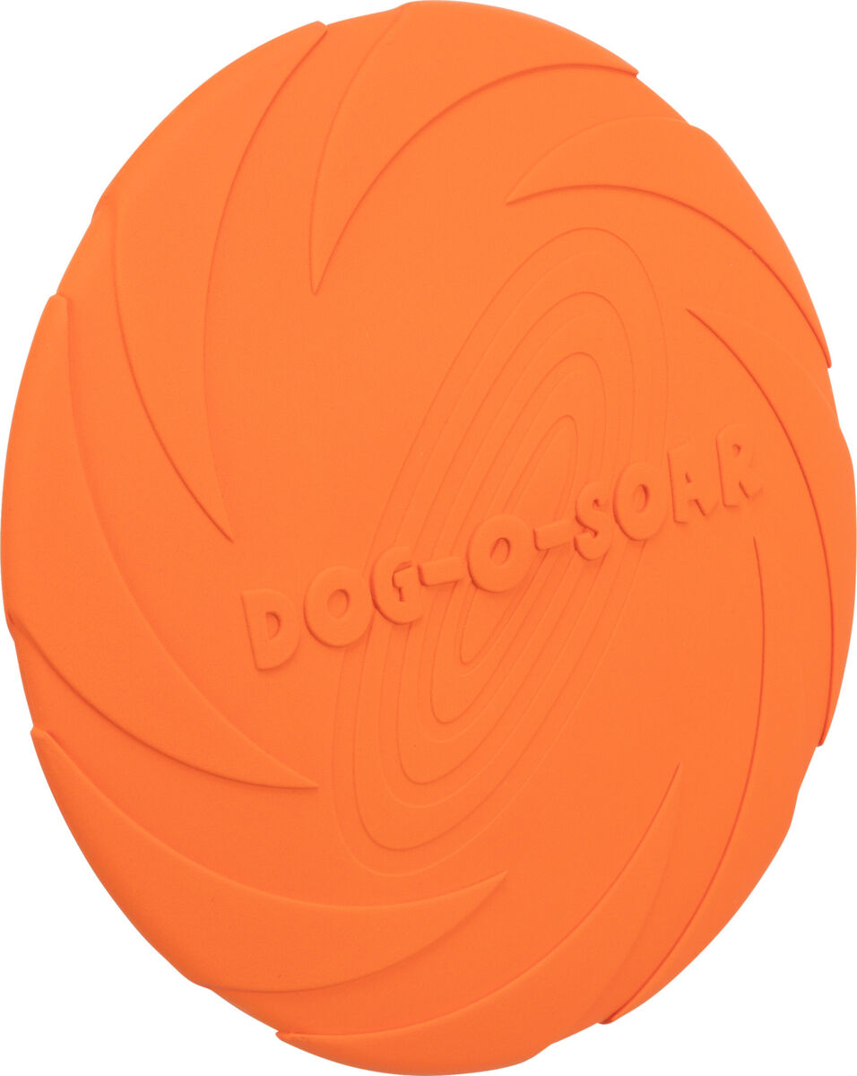 Orange Frisbee mit spiralförmigem Muster und dem eingeprägten Text "DOG-O-SOAR" auf der Oberfläche.