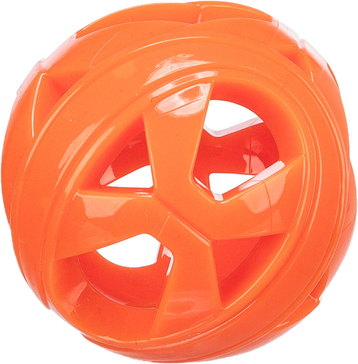 Oranger, glänzender Plastikball mit offenem Design und Sternenmotiv.
