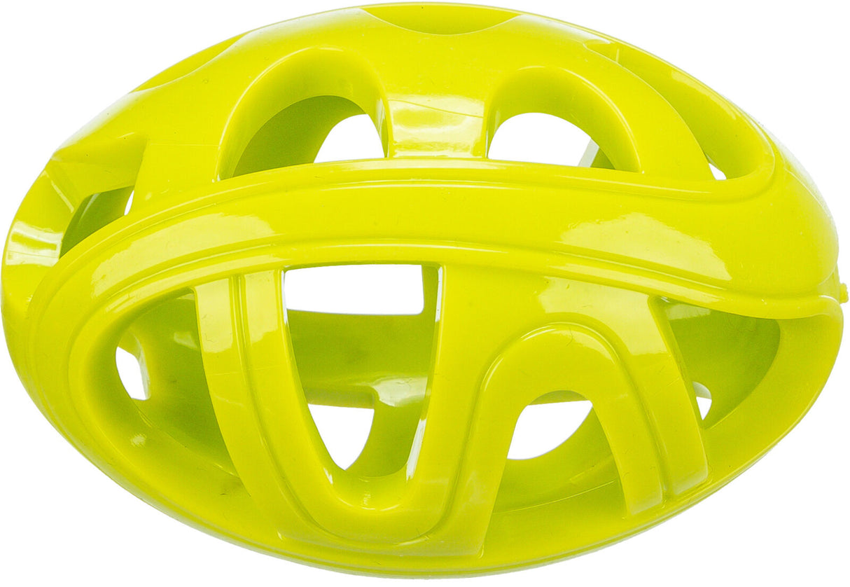 Gelber, glänzender Ball mit ovalen Öffnungen und glatter Oberfläche.