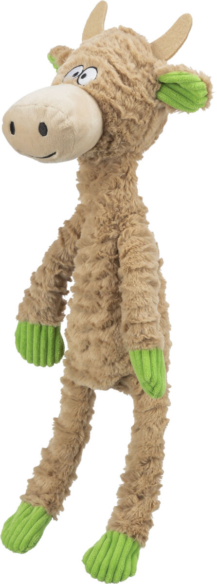 Braunes plüschiges Spielzeug in Tierform mit großen Augen, grünen Ohren und grünen Pfoten.