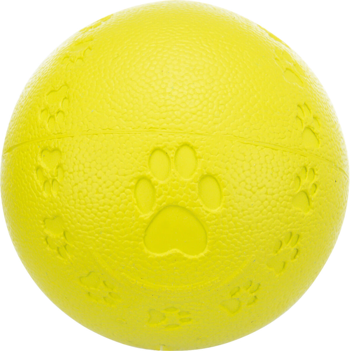 Gelber Ball mit strukturierten Pfotenabdrücken auf der Oberfläche, aus robustem Material gefertigt.