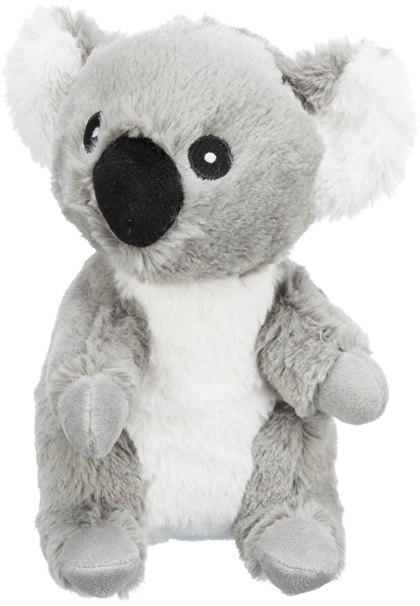 Graues Plüschkoala-Spielzeug mit schwarzer Nase und weißen Ohren auf einem weißen Hintergrund.