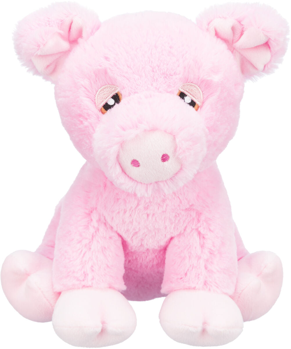 Ein rosa Plüschschwein mit gestickten Augen, rundem Gesicht und kleinen Ohren sitzt aufrecht auf weißem Hintergrund.