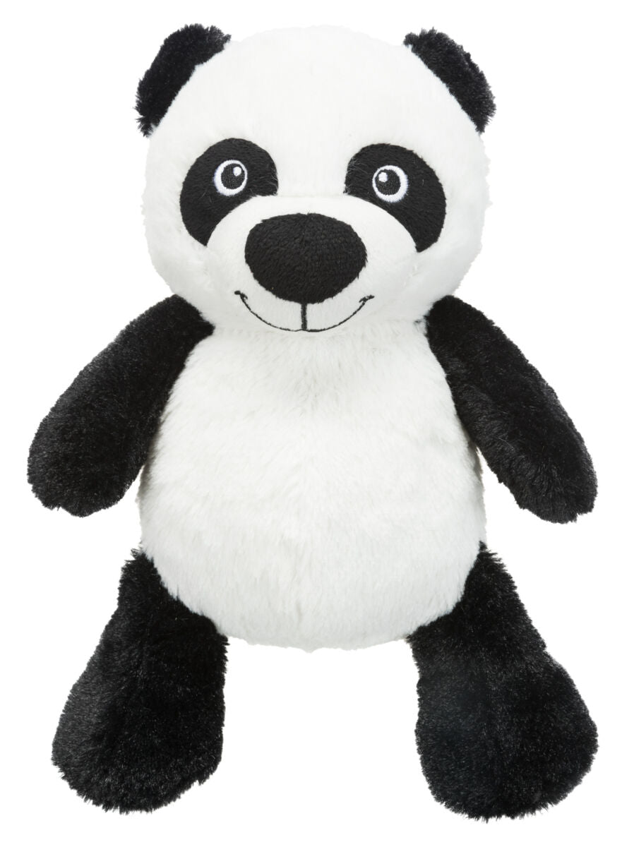 Schwarz-weißer Plüschpanda mit runden Augen und einem Lächeln, weicher Körper, stehende Position.