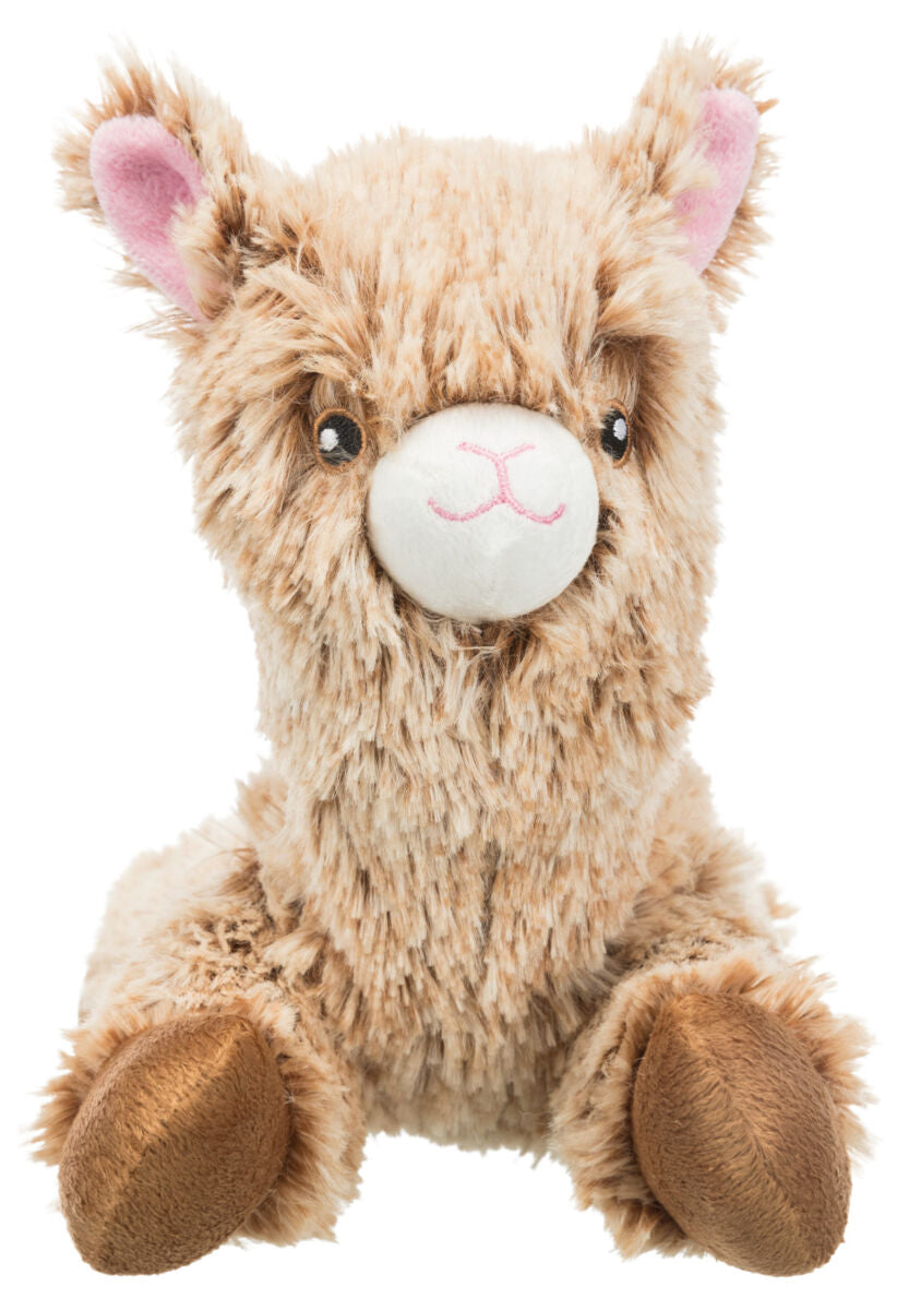 Plüschiges Stofftier in Llama-Form mit beige-braunem Fell, weißem Gesicht und rosa Ohren.