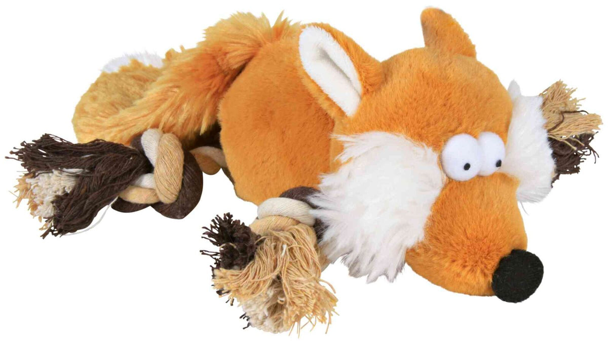 Plüschspielzeug in Form eines orangefarbenen Tieres mit weißen und braunen Details sowie geflochtenen Seilen.