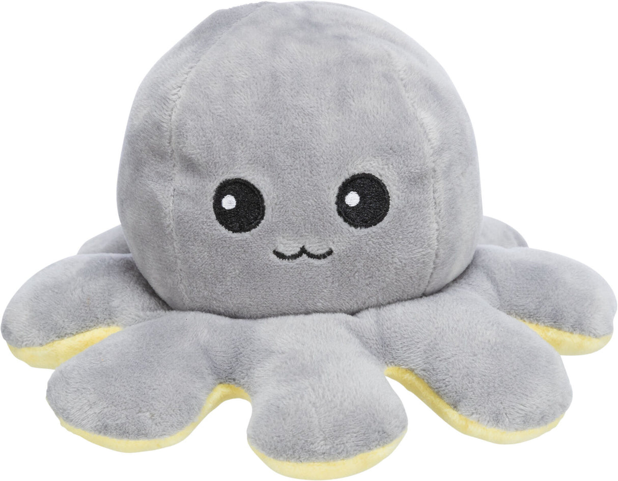 Grauer Plüsch-Oktopus mit lächelndem Gesicht und gelben Akzenten an den Tentakeln auf weißem Hintergrund.