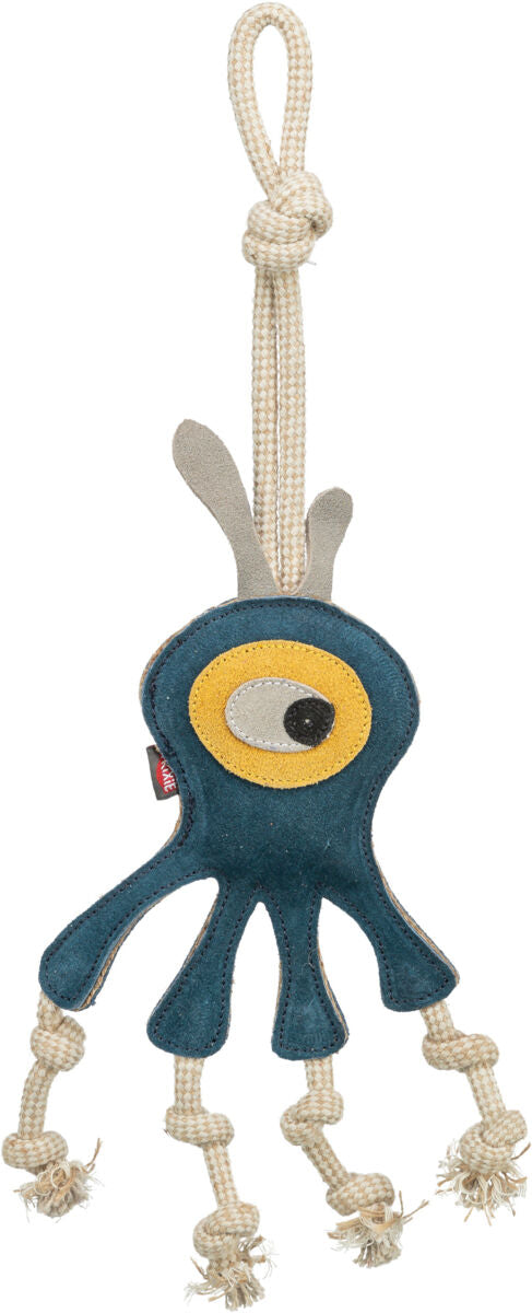 Spielzeug in Form eines blauen Oktopus mit gelbem Auge, beige Seilknoten als Tentakel und Schlaufe.