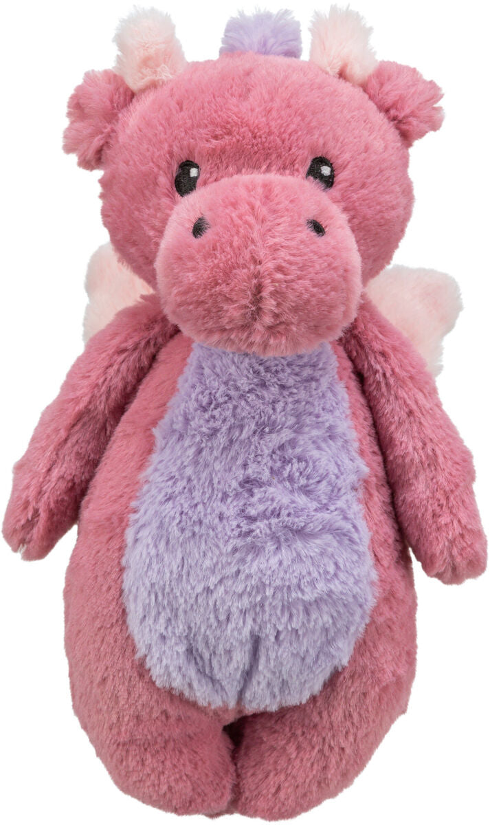 Rosa Plüschdrache mit lila Bauch und Flügeln, niedliche schwarze Augen und kleine Hörner auf dem Kopf.