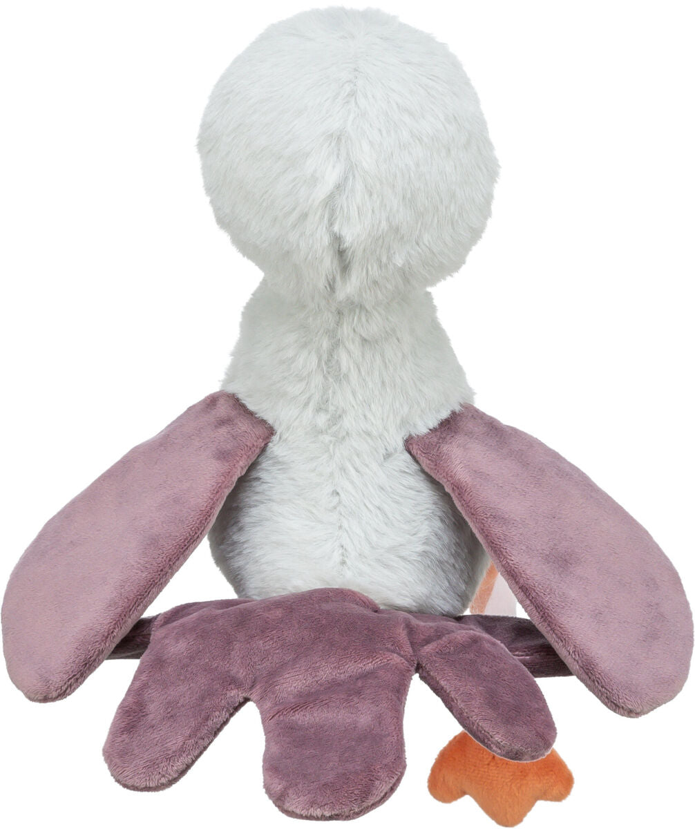 Graues und rosa Plüschtier von hinten mit langen Ohren und orangefarbenen Füßen.
