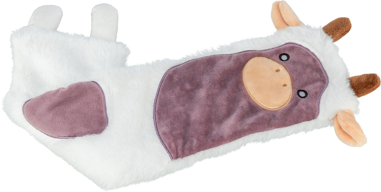 Weiches, weißes Plüschtier in Kuhform mit braunen Hörnern, violettem Gesicht und heller Nase.