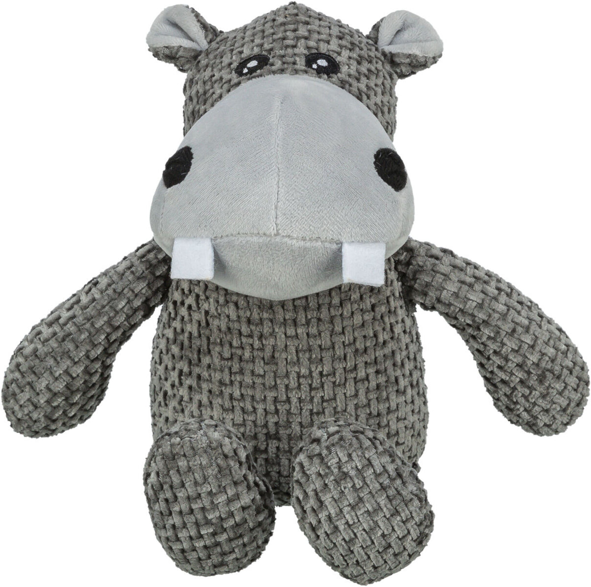 Graues Plüschtier in Form eines Hippos mit einem strukturierten Körper und hellerer Schnauze.